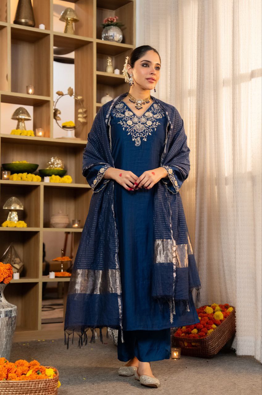 Pure Satori Silk Kurti Set for Women with Banarasi Dupatta | Embroidered Festive Suit Set
