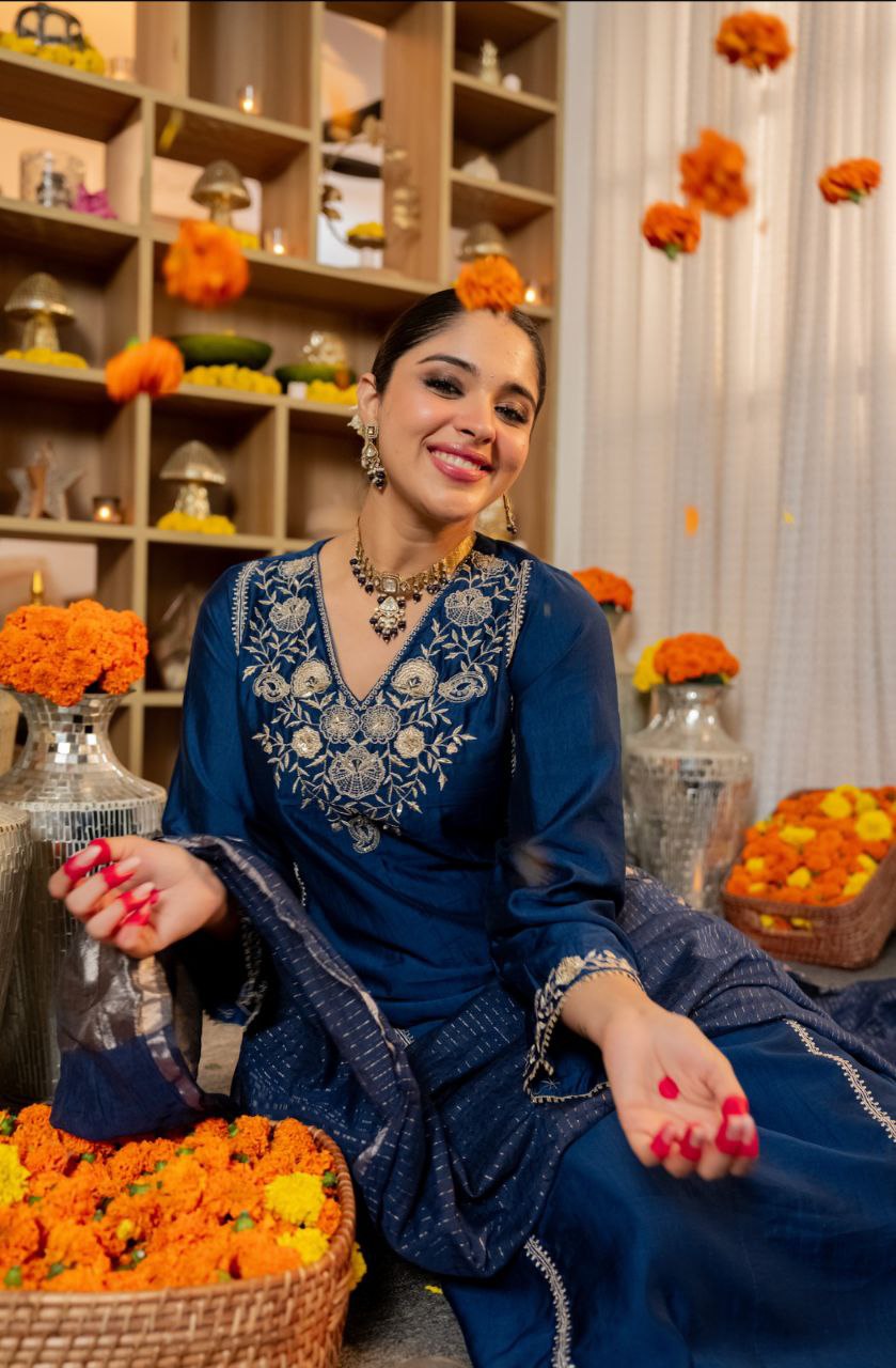 Pure Satori Silk Kurti Set for Women with Banarasi Dupatta | Embroidered Festive Suit Set