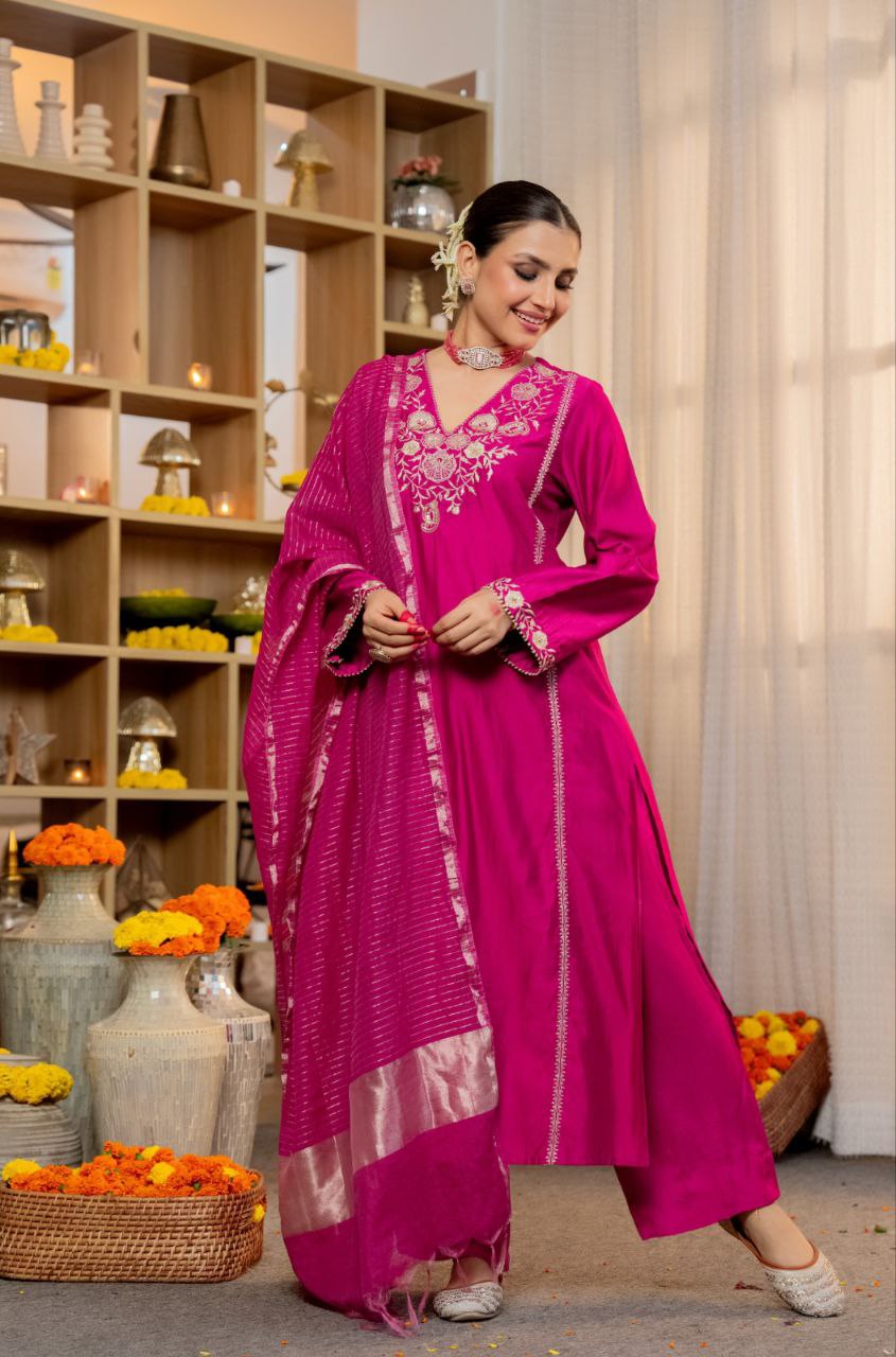 Pure Satori Silk Kurti Set for Women with Banarasi Dupatta | Embroidered Festive Suit Set