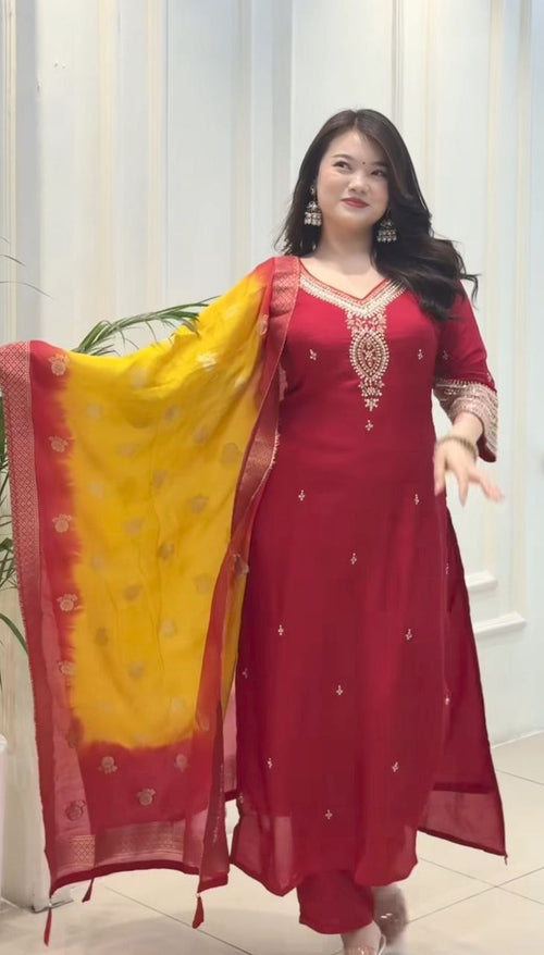 Red Banarasi Suit Set for Women with Dupatta | Festive Ethnic Wear Unity Designer