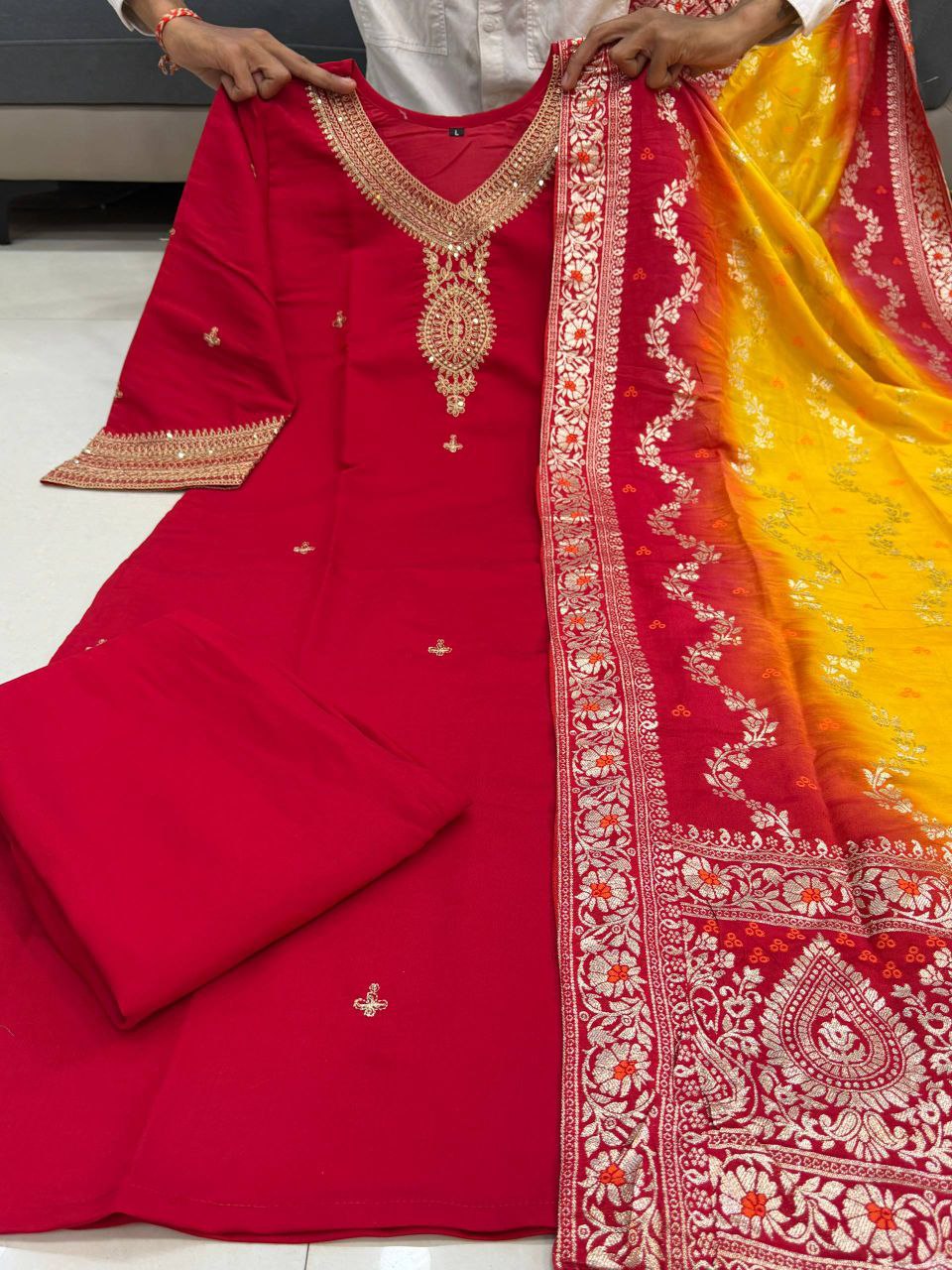 Red Banarasi Kurti Pant Dupatta Set for Women | Wedding Ethnic Wear Unity Designer