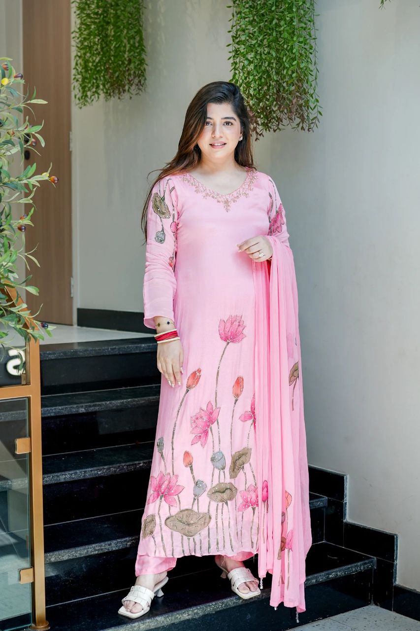 Chinon A-Line Kurti Pant Dupatta Set with Hand Work