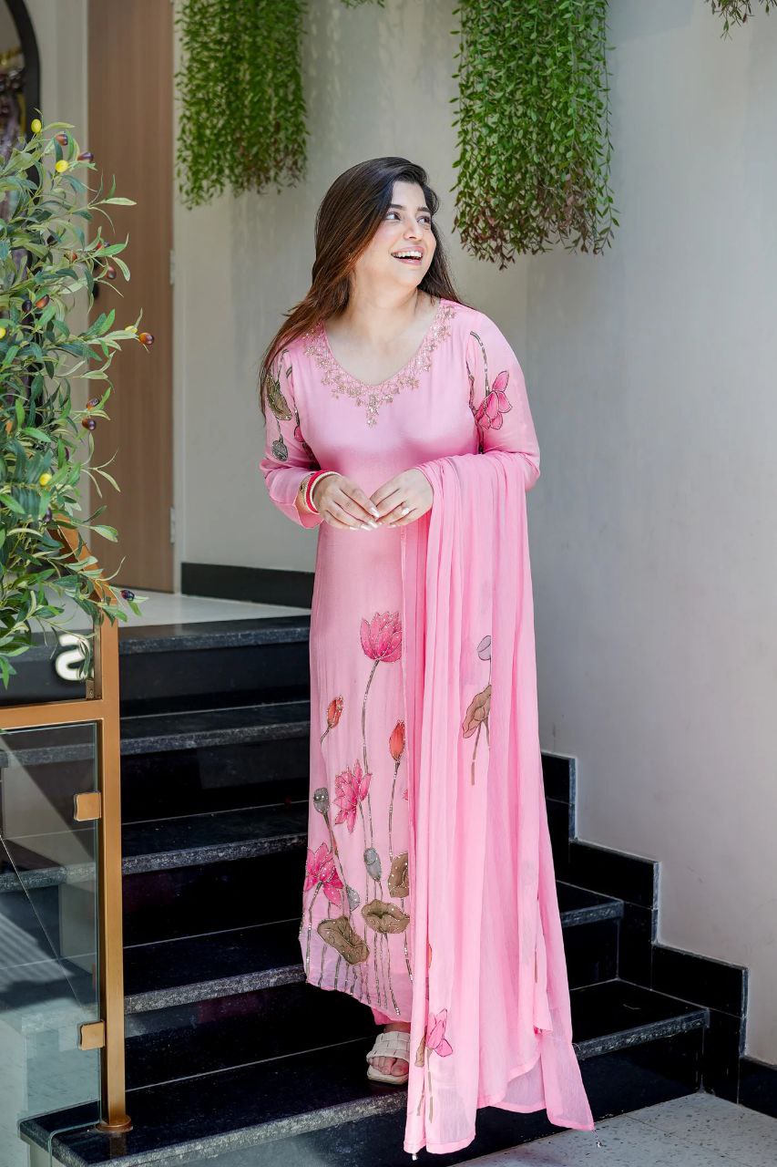 Chinon A-Line Kurti Pant Dupatta Set with Hand Work