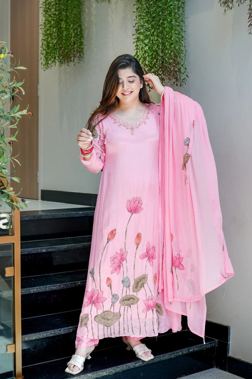 Chinon A-Line Kurti Pant Dupatta Set with Hand Work