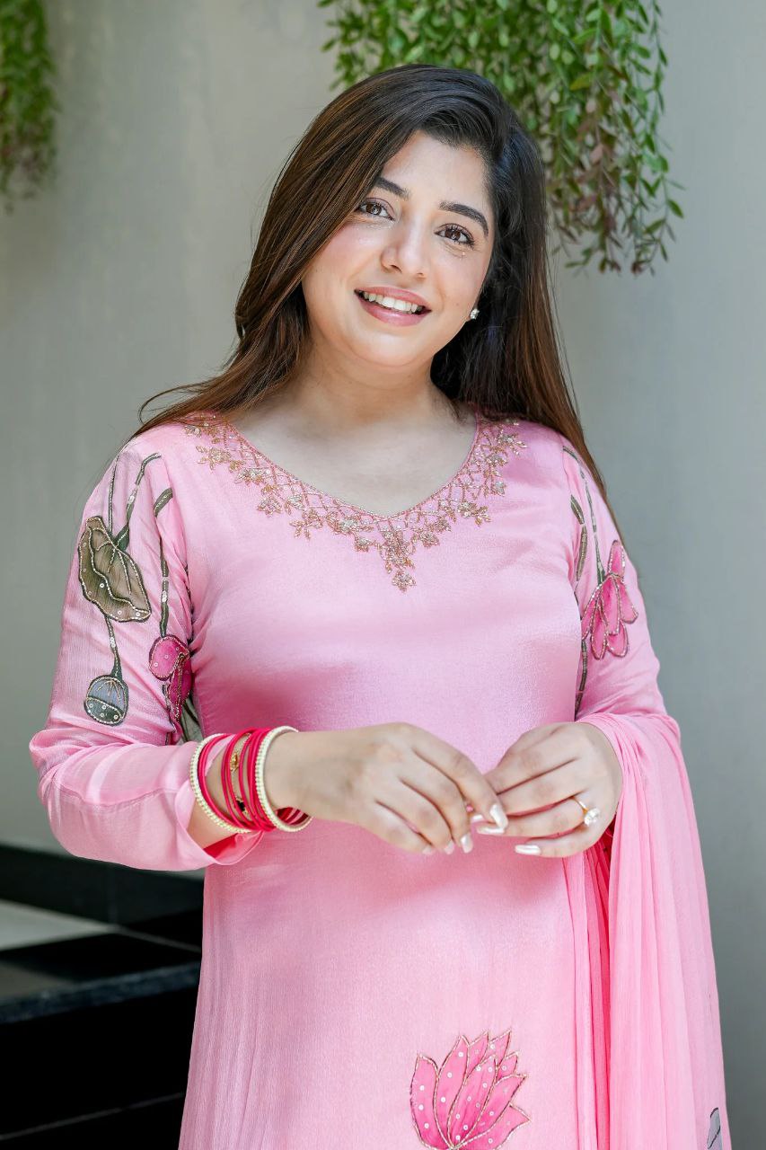 Chinon A-Line Kurti Pant Dupatta Set with Hand Work