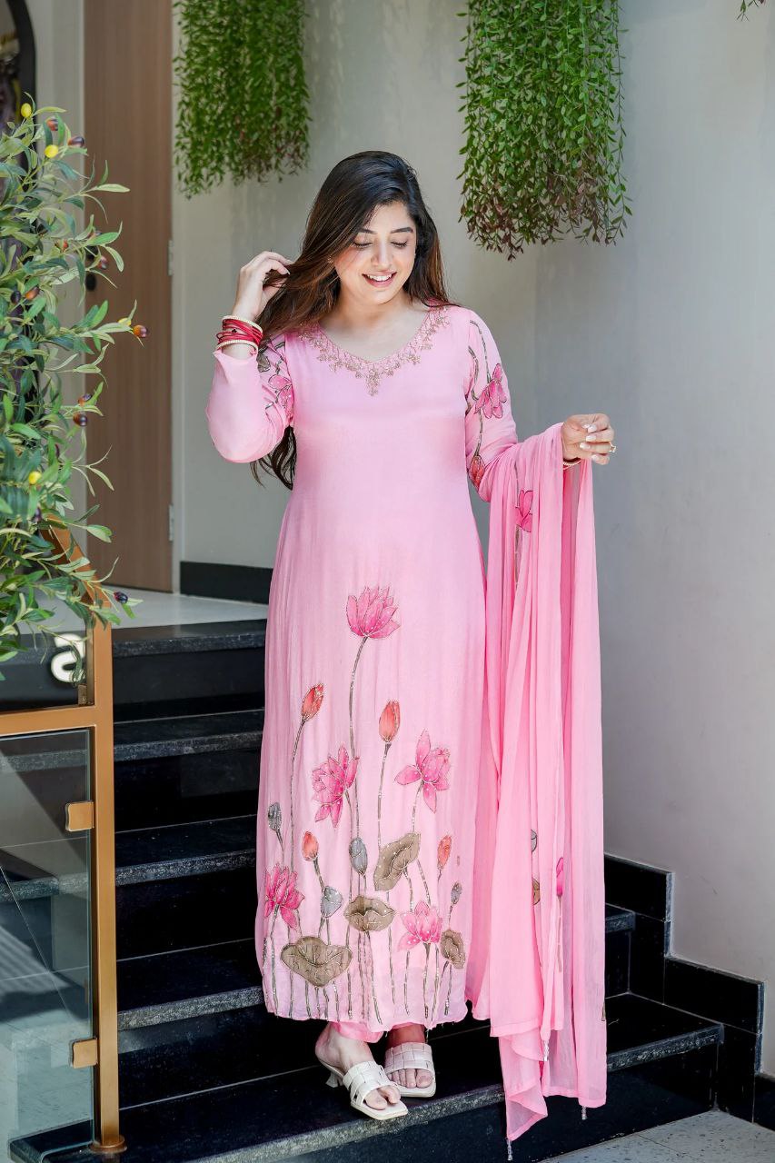 Chinon A-Line Kurti Pant Dupatta Set with Hand Work