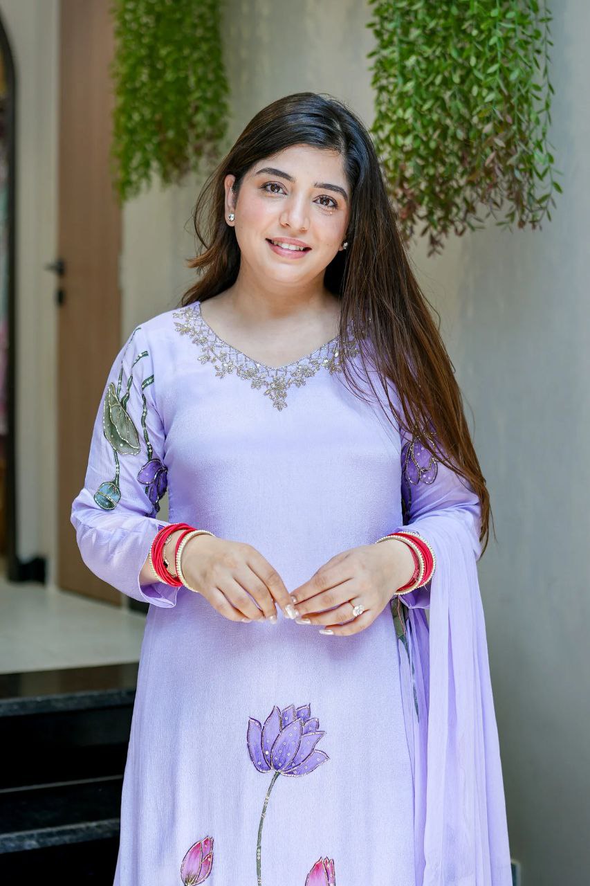 Chinon A-Line Kurti Pant Dupatta Set with Hand Work