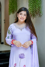 Chinon A-Line Kurti Pant Dupatta Set with Hand Work