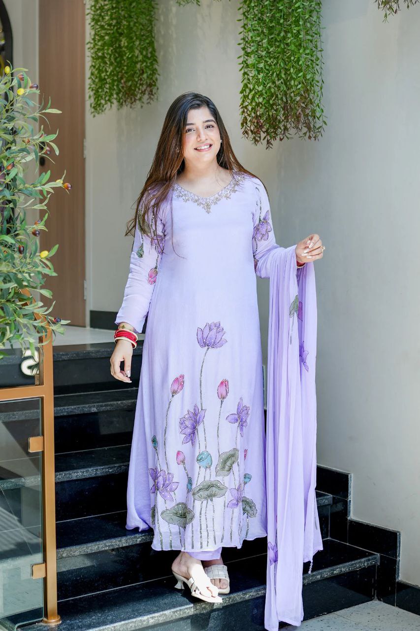 Chinon A-Line Kurti Pant Dupatta Set with Hand Work