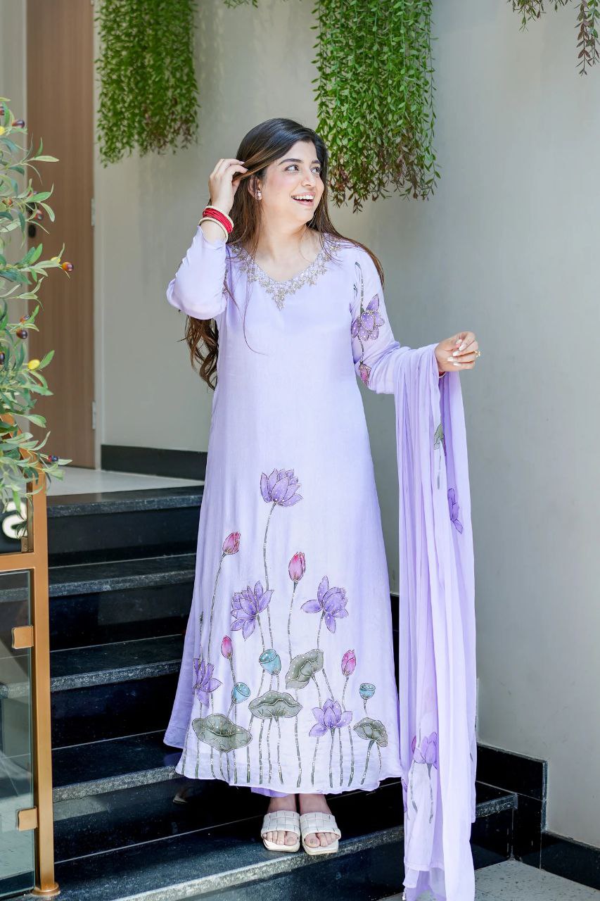 Chinon A-Line Kurti Pant Dupatta Set with Hand Work