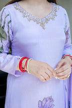 Chinon A-Line Kurti Pant Dupatta Set with Hand Work
