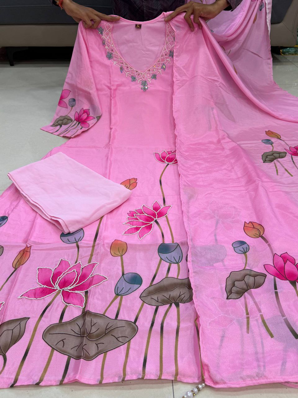 Chinon A-Line Kurti Pant Dupatta Set with Hand Work