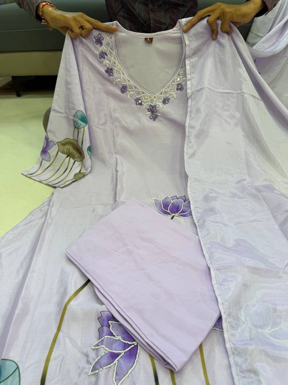 Chinon A-Line Kurti Pant Dupatta Set with Hand Work