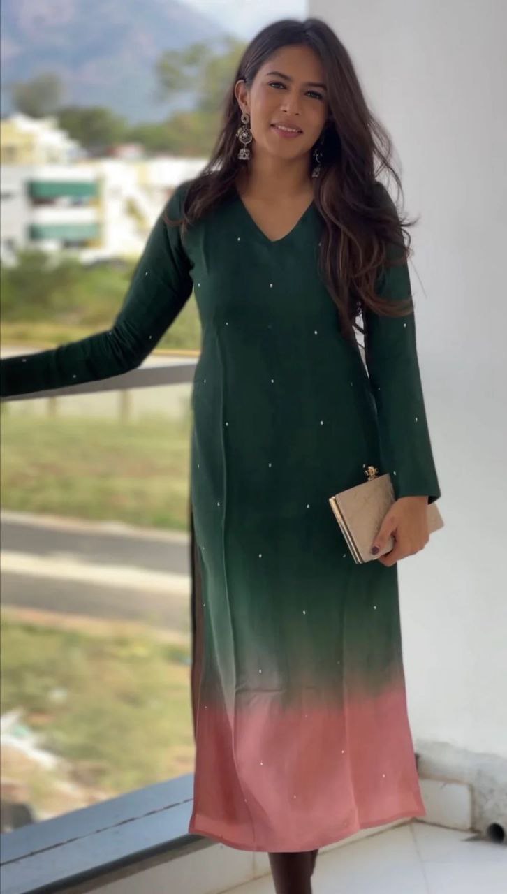 Silqura Ombre Kurti for Women | Sequence Work Long Kurti