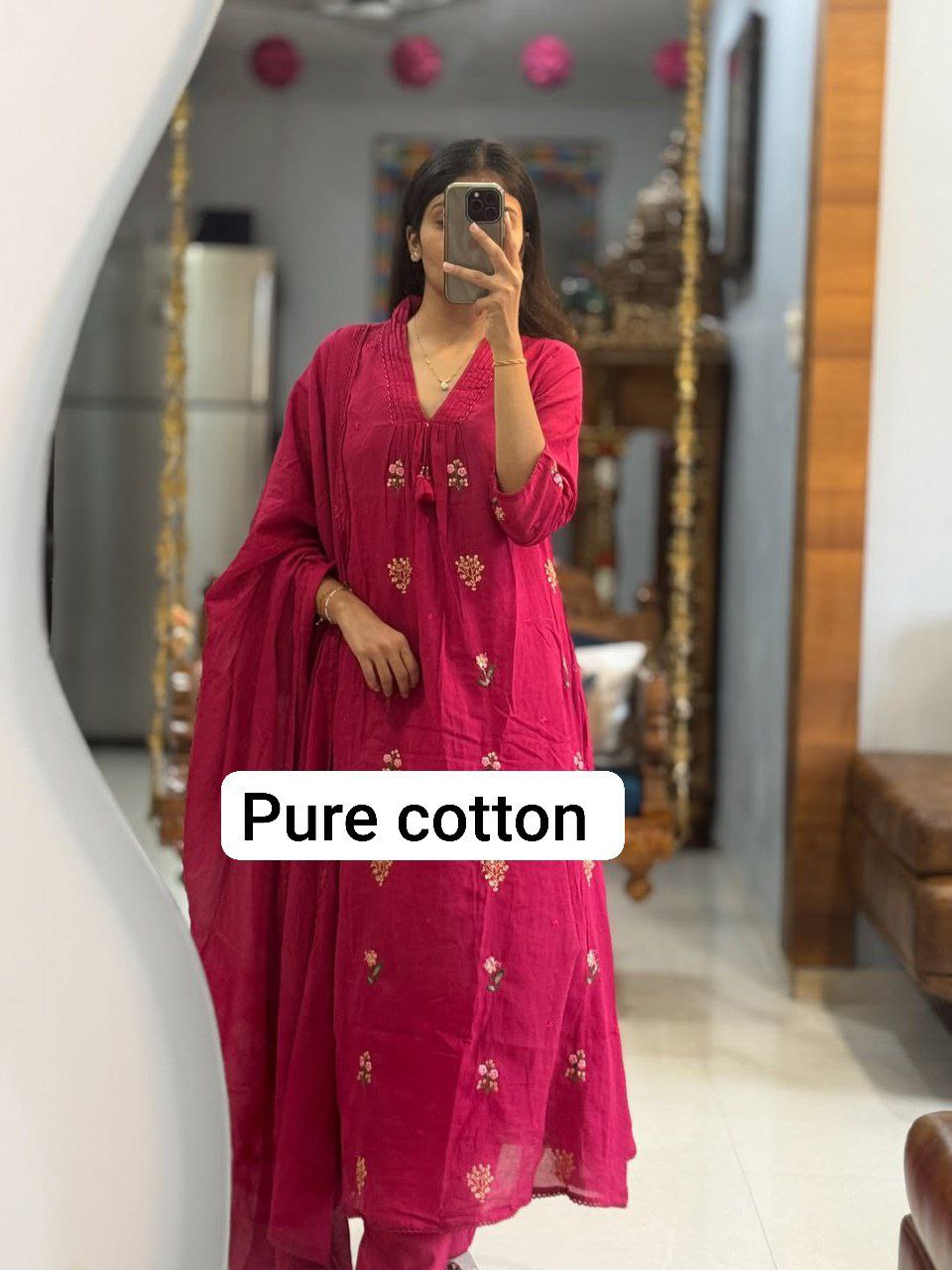 Pink 60x60 Jaipuri Cotton Kurti Palazzo Dupatta Set