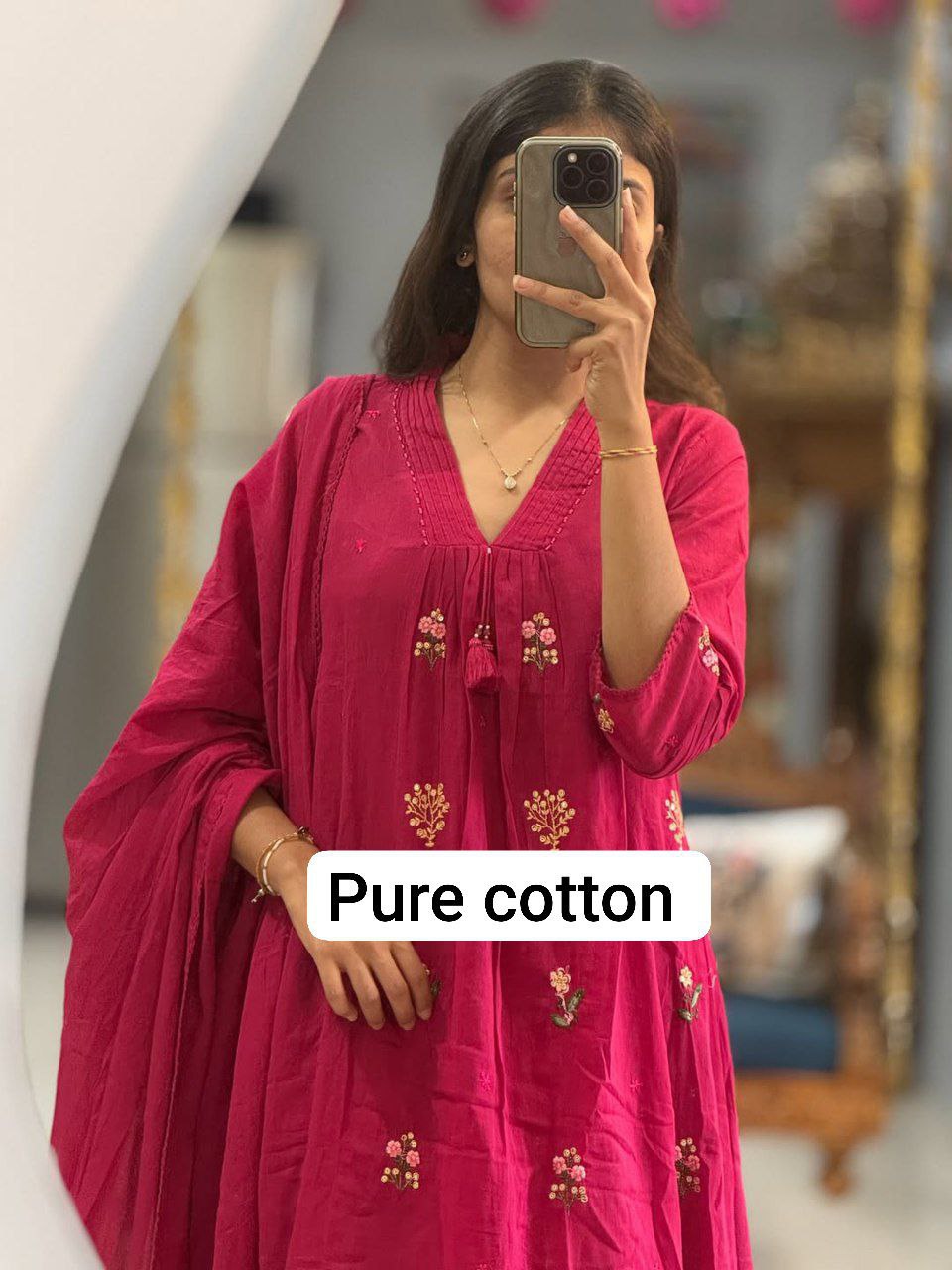Pink 60x60 Jaipuri Cotton Kurti Palazzo Dupatta Set