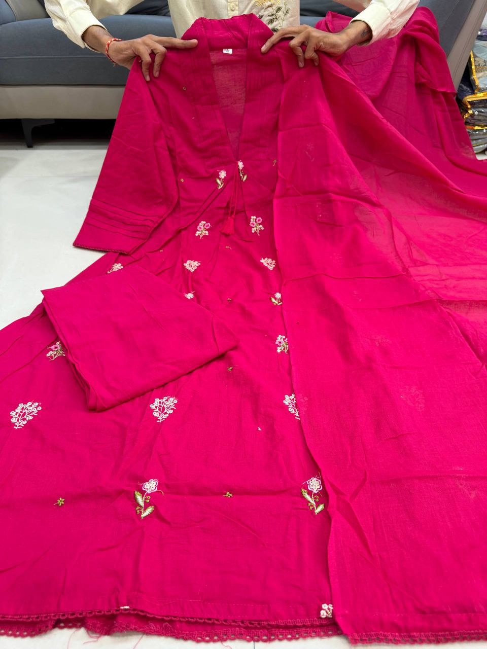 Pink 60x60 Jaipuri Cotton Kurti Palazzo Dupatta Set