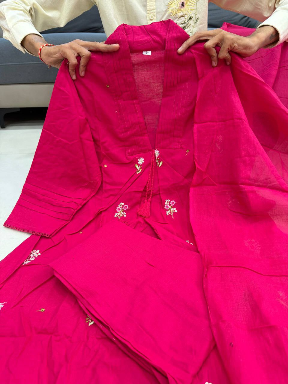 Pink 60x60 Jaipuri Cotton Kurti Palazzo Dupatta Set