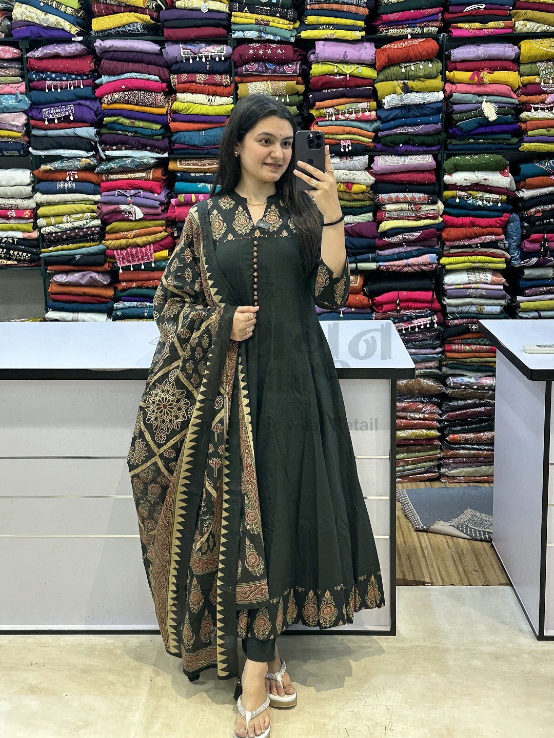 Anarkali Cotton Kurti Pant Dupatta Set for Women | Jaipuri Block Print Suit Set