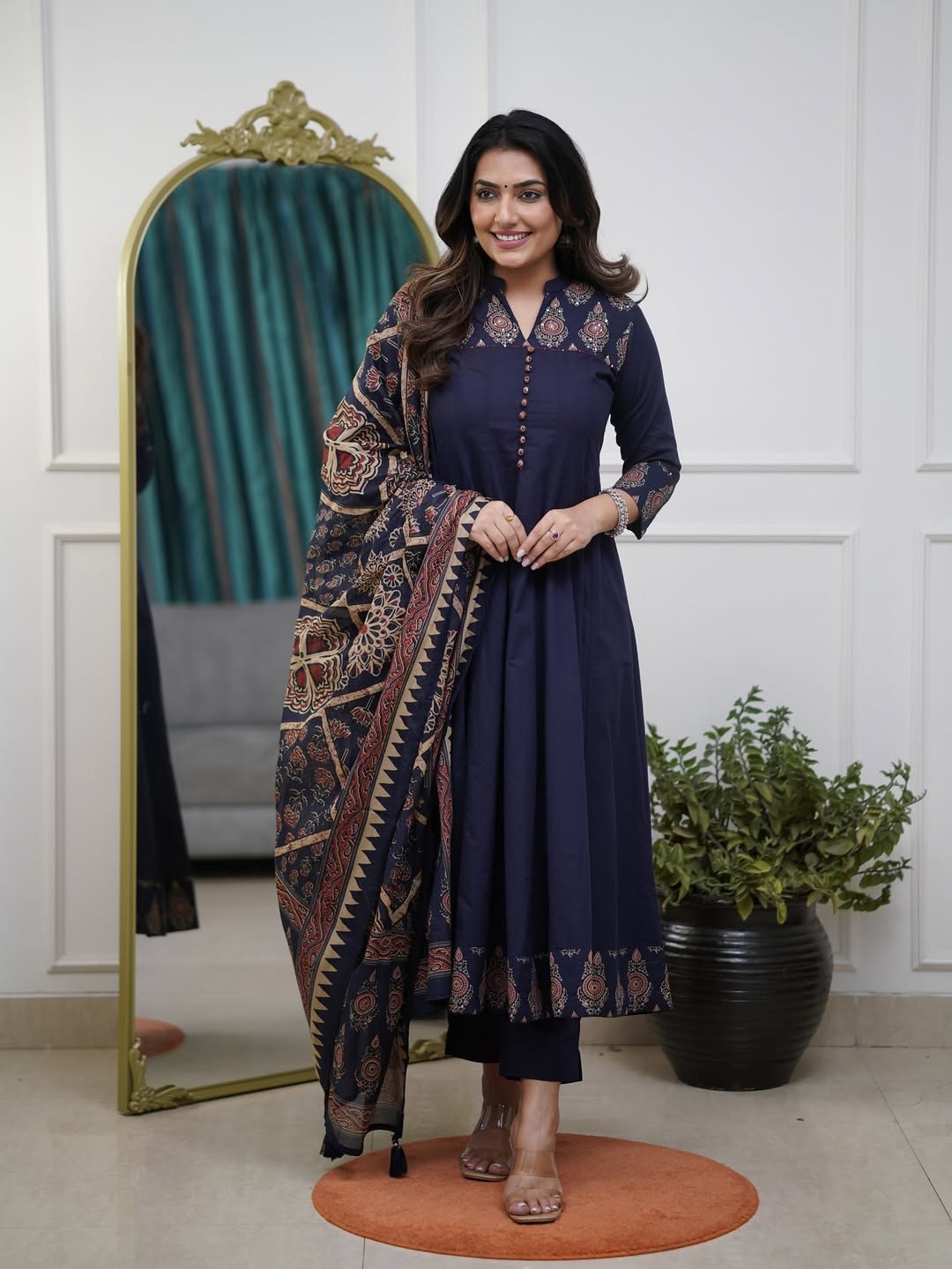 Anarkali Cotton Kurti Pant Dupatta Set for Women | Jaipuri Block Print Suit Set