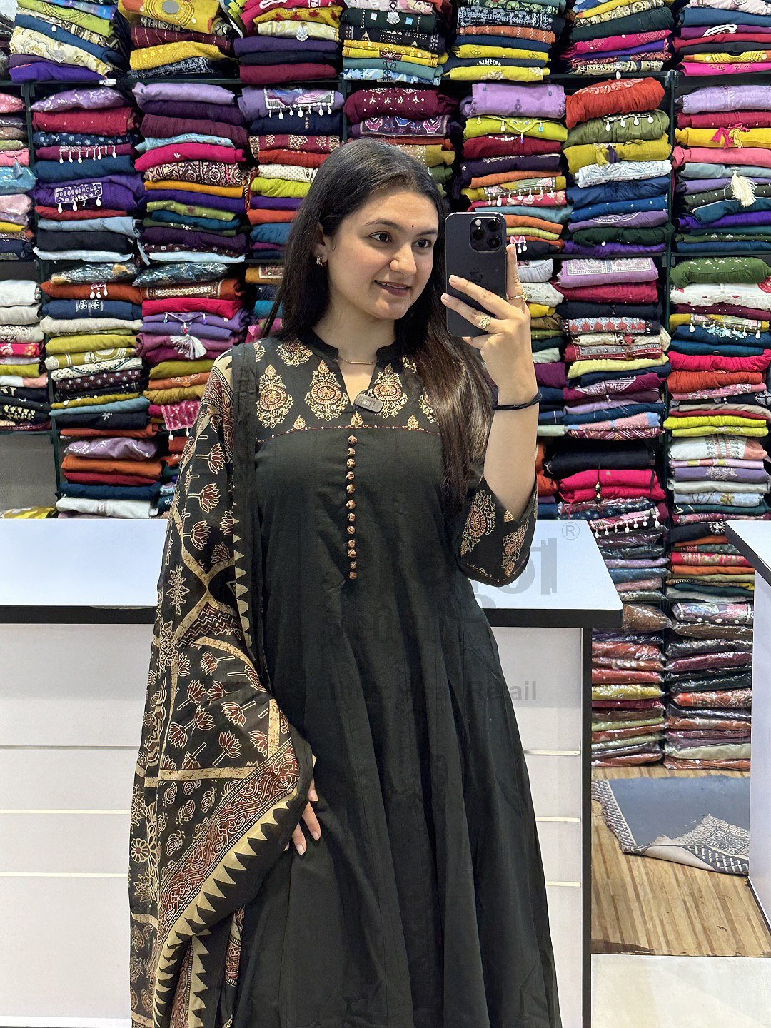 Anarkali Cotton Kurti Pant Dupatta Set for Women | Jaipuri Block Print Suit Set