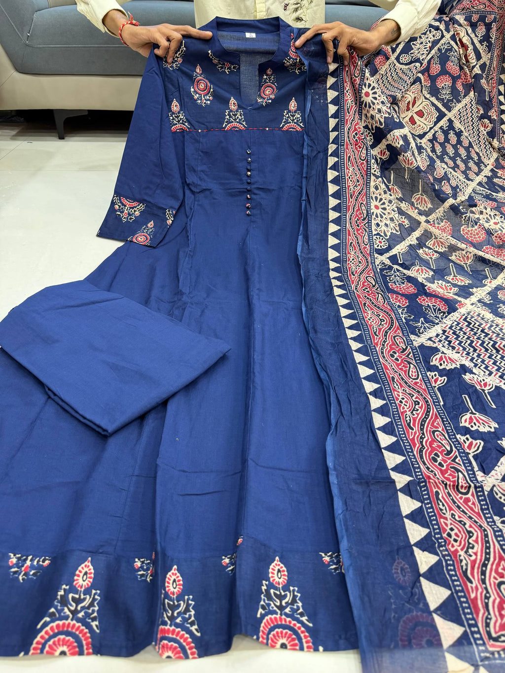 Anarkali Cotton Kurti Pant Dupatta Set for Women | Jaipuri Block Print Suit Set