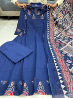 Anarkali Cotton Kurti Pant Dupatta Set for Women | Jaipuri Block Print Suit Set