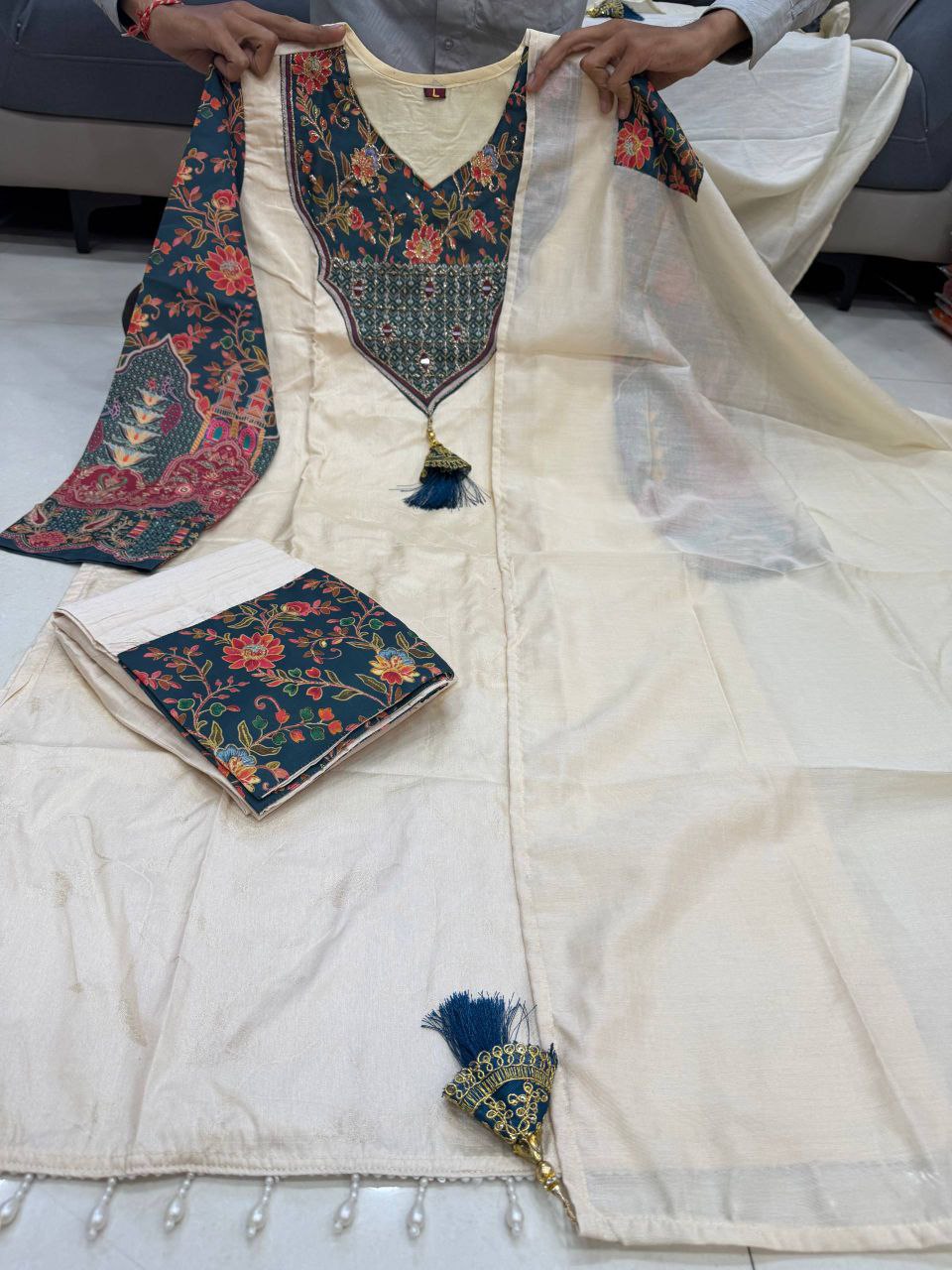 Cream Festive Kurti Pant Set for Women | Unity Designer