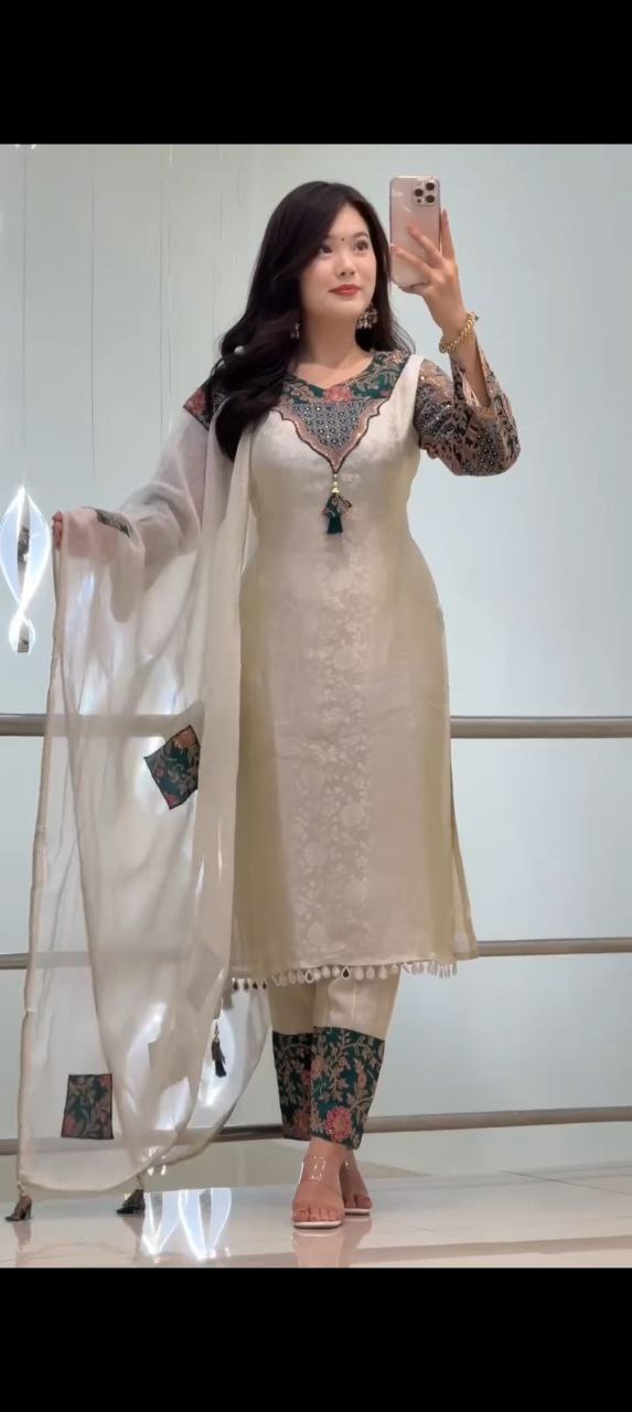 Cream Embroidered Kurti with Dupatta for Women | Unity Designer