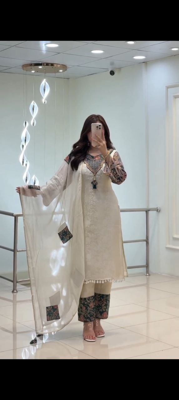 Cream Designer Kurti Set for Women | Unity Designer