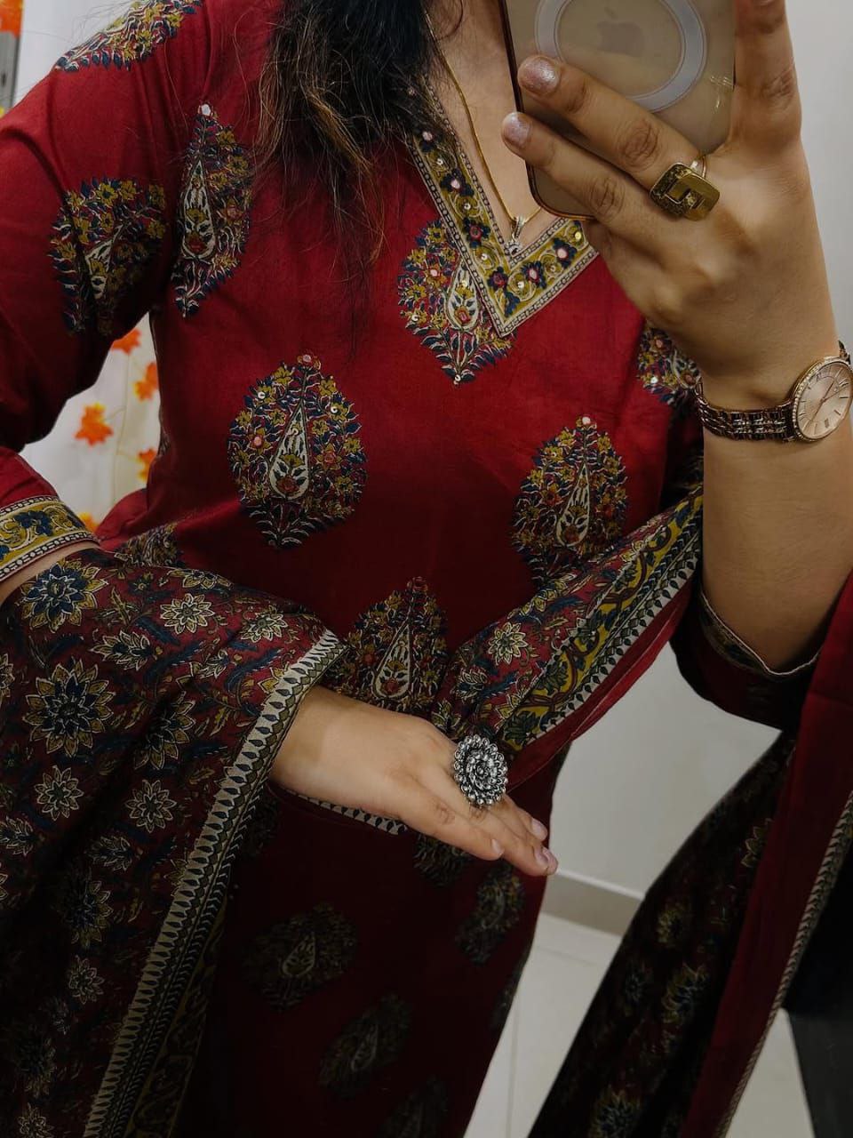 Red Jaipuri Cotton Straight Kurti Palazzo Dupatta Set