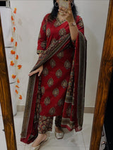 Red Jaipuri Cotton Straight Kurti Palazzo Dupatta Set