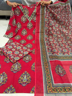 Red Jaipuri Cotton Straight Kurti Palazzo Dupatta Set
