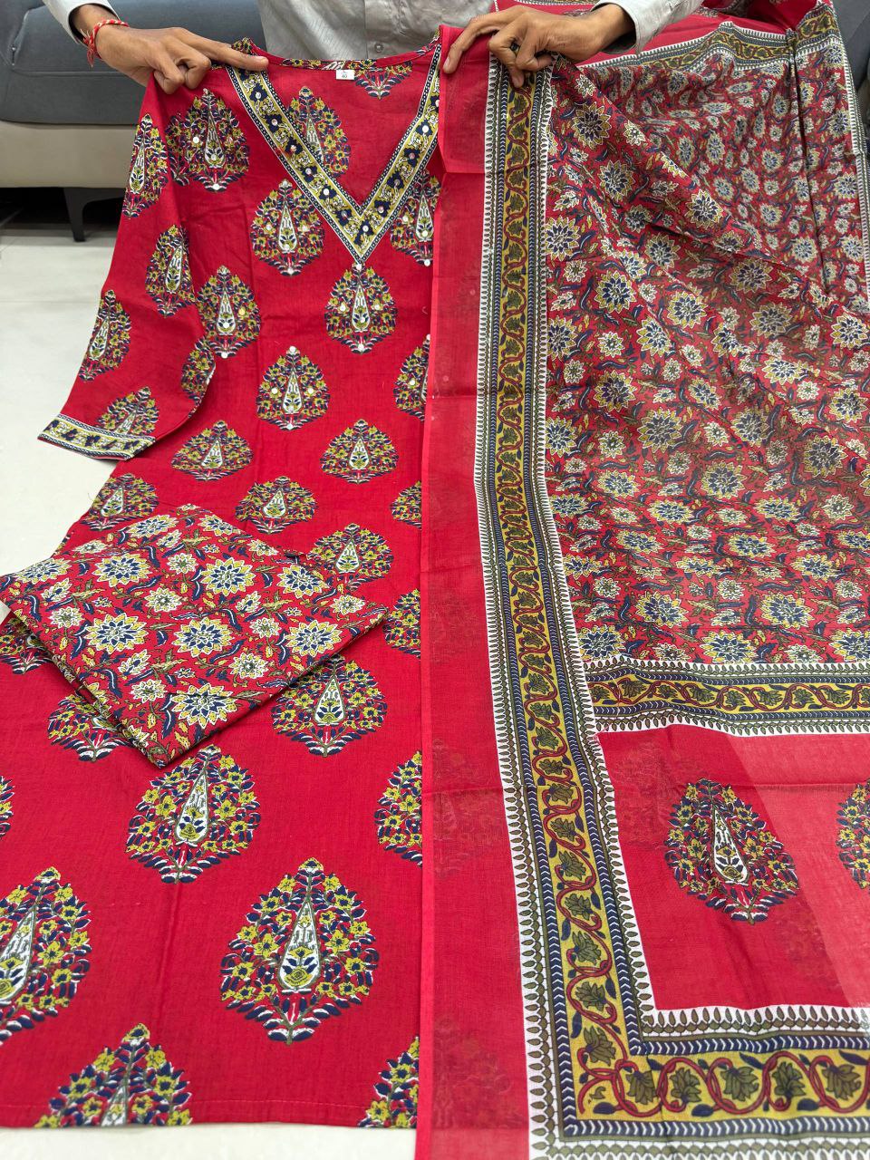 Red Jaipuri Cotton Straight Kurti Palazzo Dupatta Set