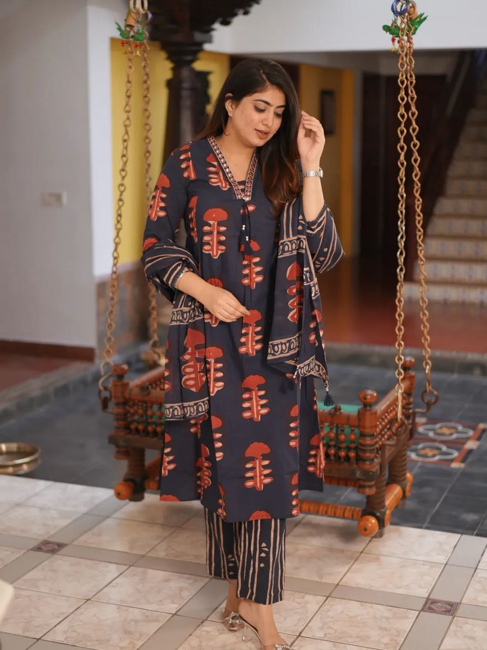 60x60 Pure Cotton Kurti Pant Dupatta Set – Block Print