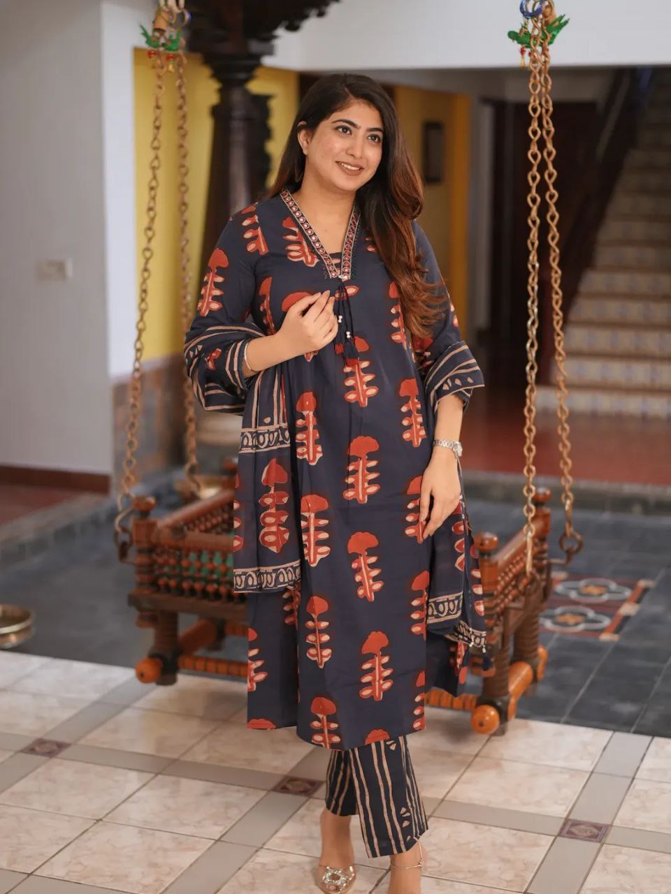 60x60 Pure Cotton Kurti Pant Dupatta Set – Block Print