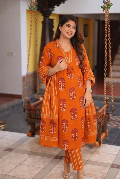 60x60 Pure Cotton Kurti Pant Dupatta Set – Block Print