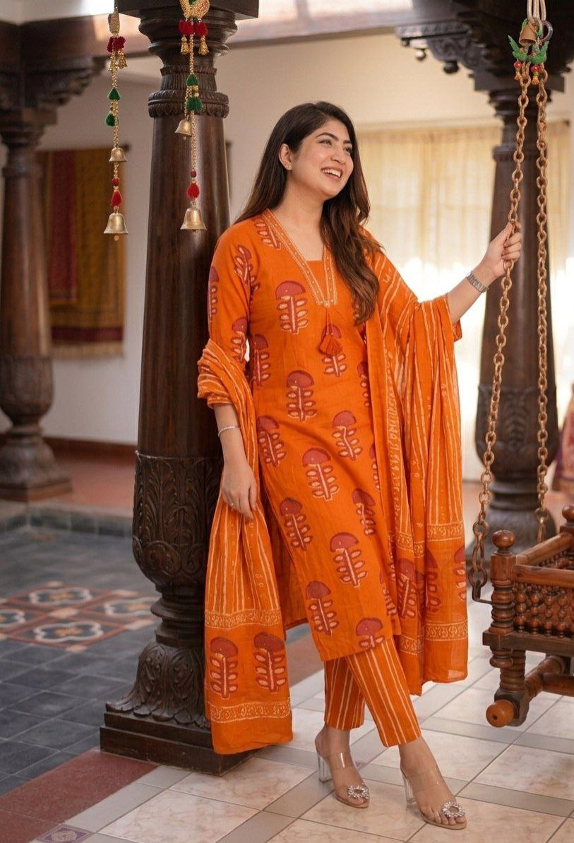 60x60 Pure Cotton Kurti Pant Dupatta Set – Block Print