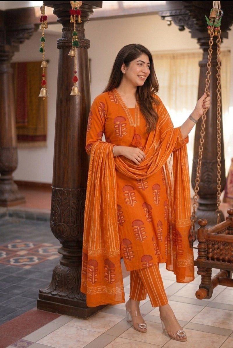 60x60 Pure Cotton Kurti Pant Dupatta Set – Block Print