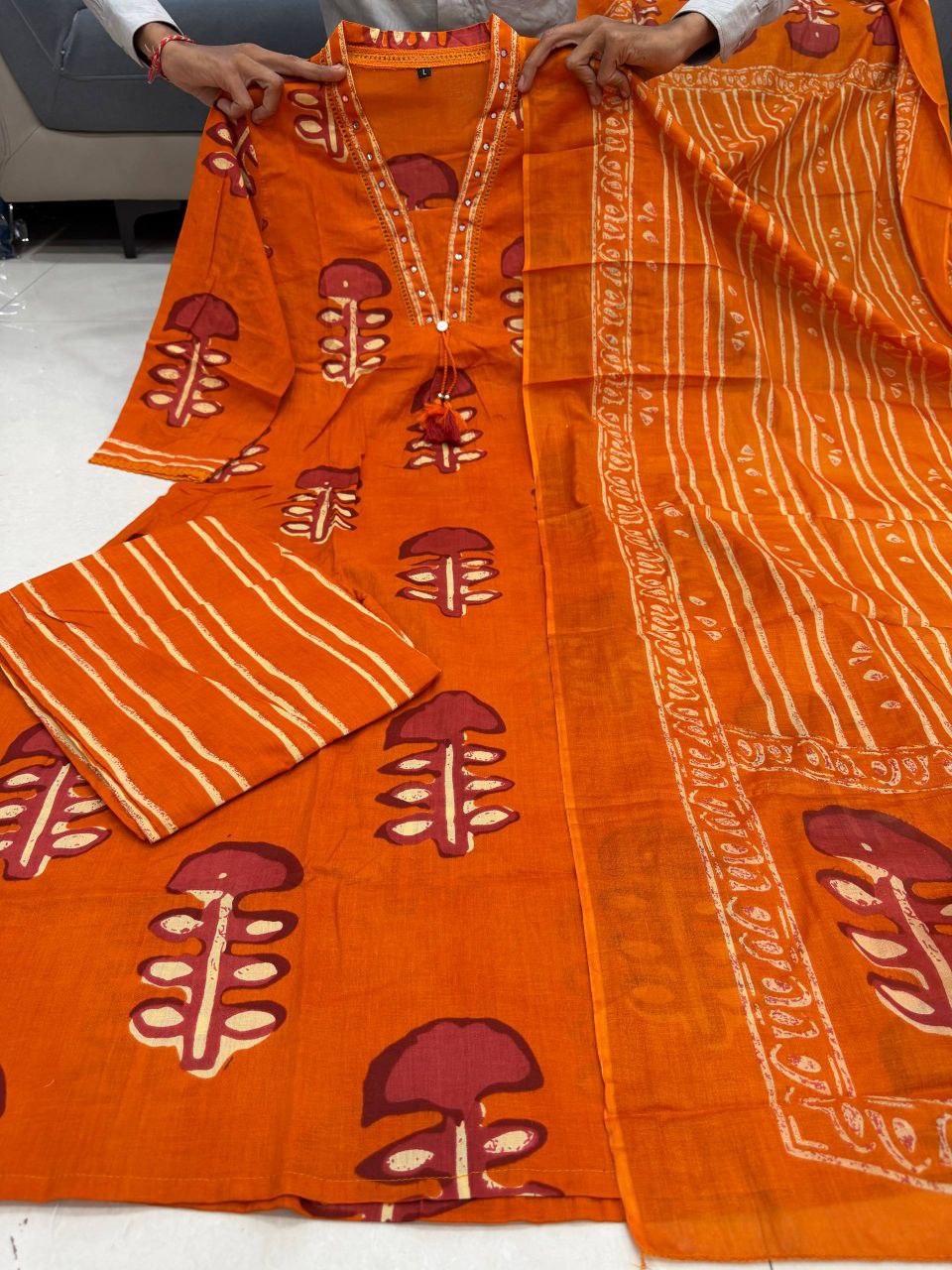 60x60 Pure Cotton Kurti Pant Dupatta Set – Block Print