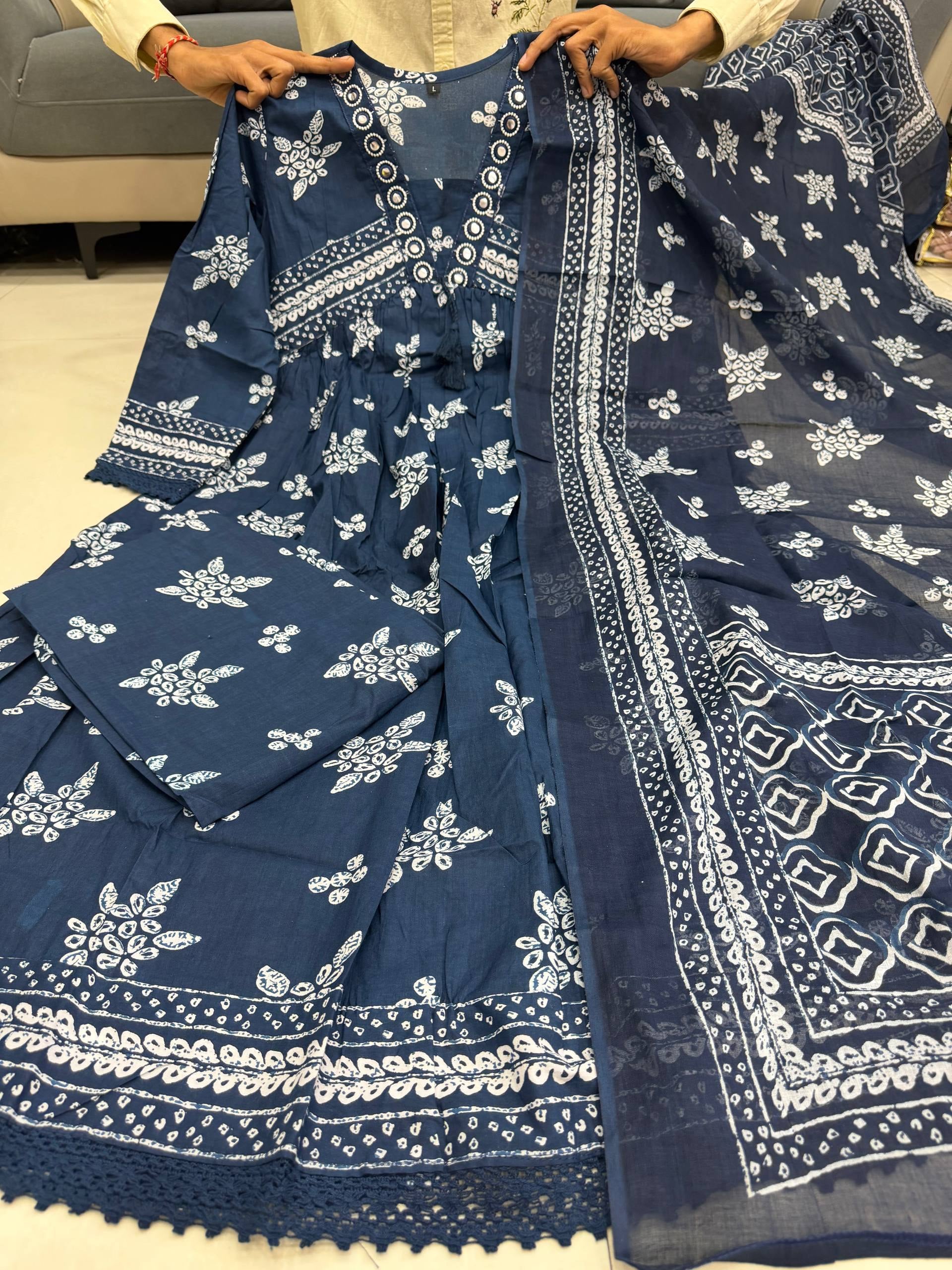 Navy Blue Printed Kurti Pant Dupatta Set for Women | Festive Wear Unity Designer