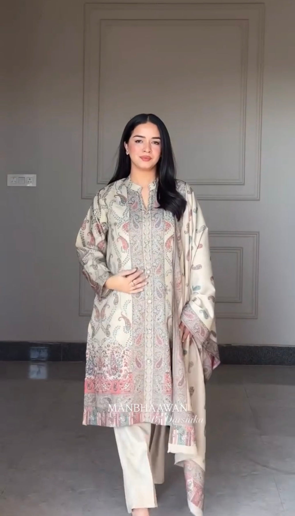 Cream Paisley Berry Silk Kurti Pant Dupatta Set for Women