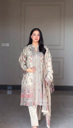 Cream Paisley Berry Silk Kurti Pant Dupatta Set for Women