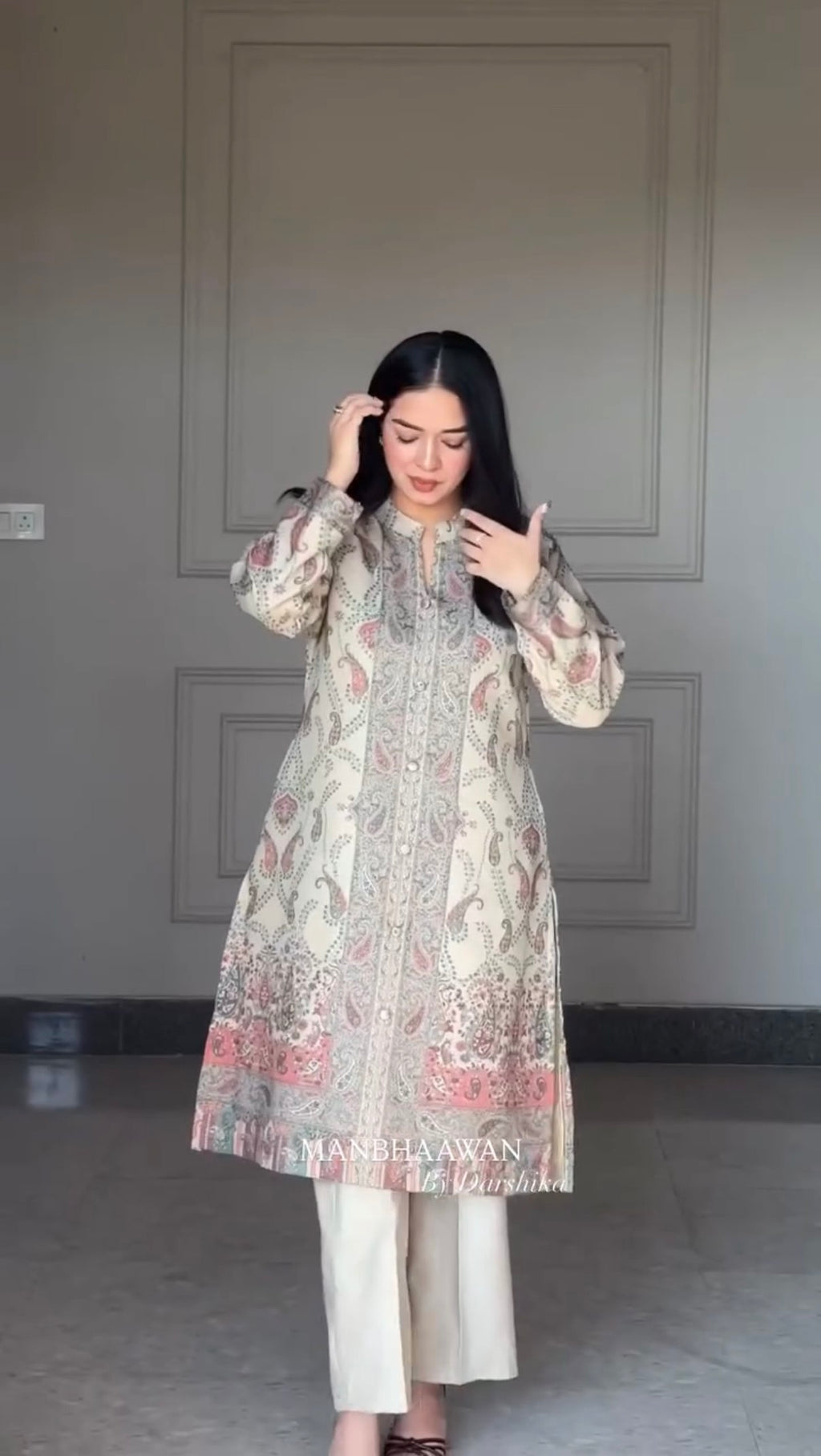 Cream Paisley Berry Silk Kurti Pant Dupatta Set for Women
