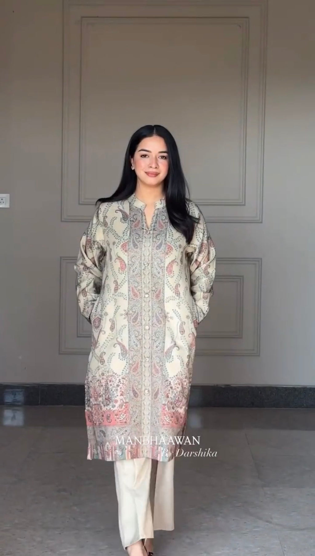 Cream Paisley Berry Silk Kurti Pant Dupatta Set for Women
