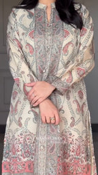 Cream Paisley Berry Silk Kurti Pant Dupatta Set for Women