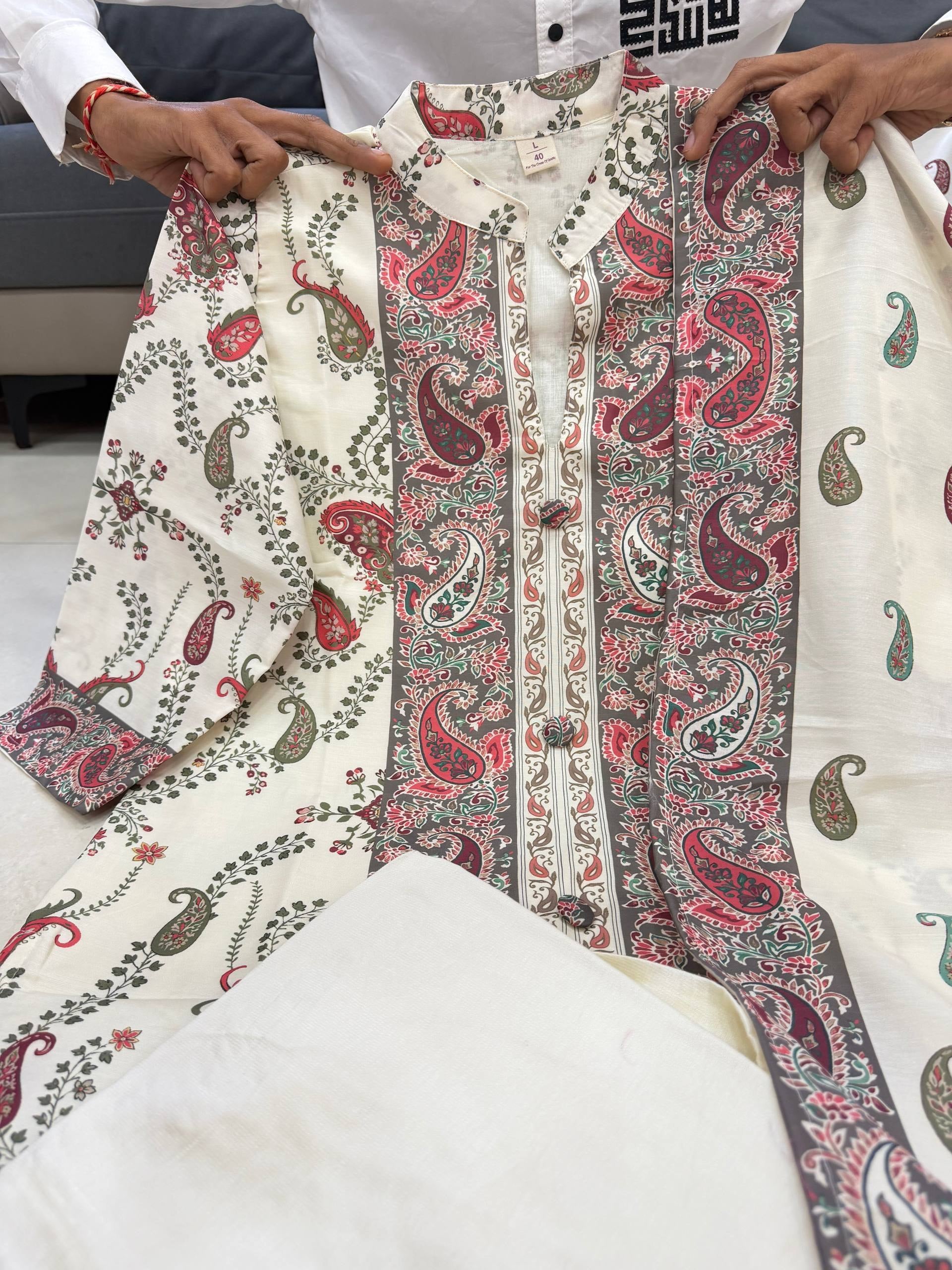 Cream Paisley Berry Silk Kurti Pant Dupatta Set for Women