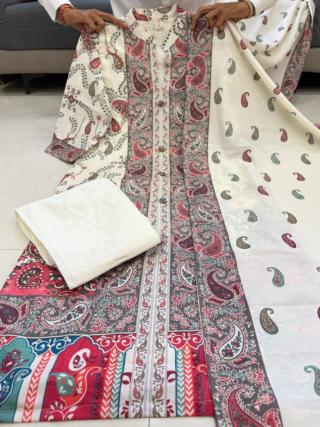 Cream Paisley Berry Silk Kurti Pant Dupatta Set for Women