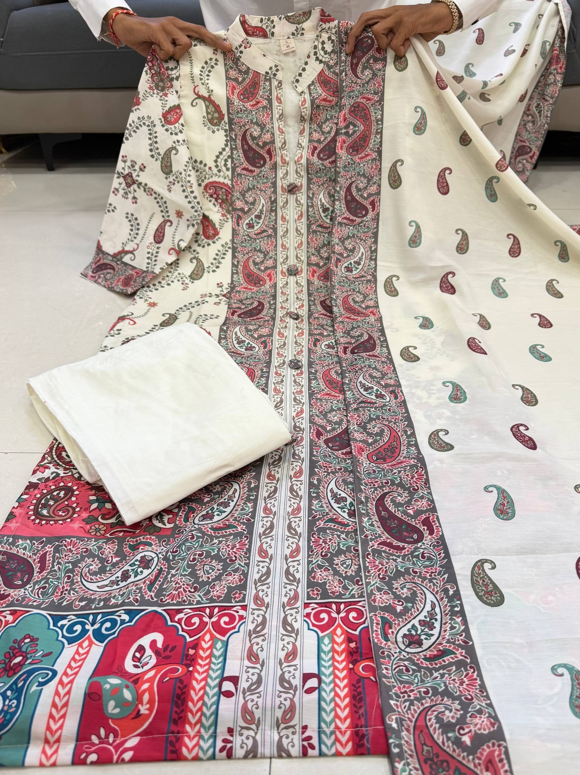 Cream Paisley Berry Silk Kurti Pant Dupatta Set for Women