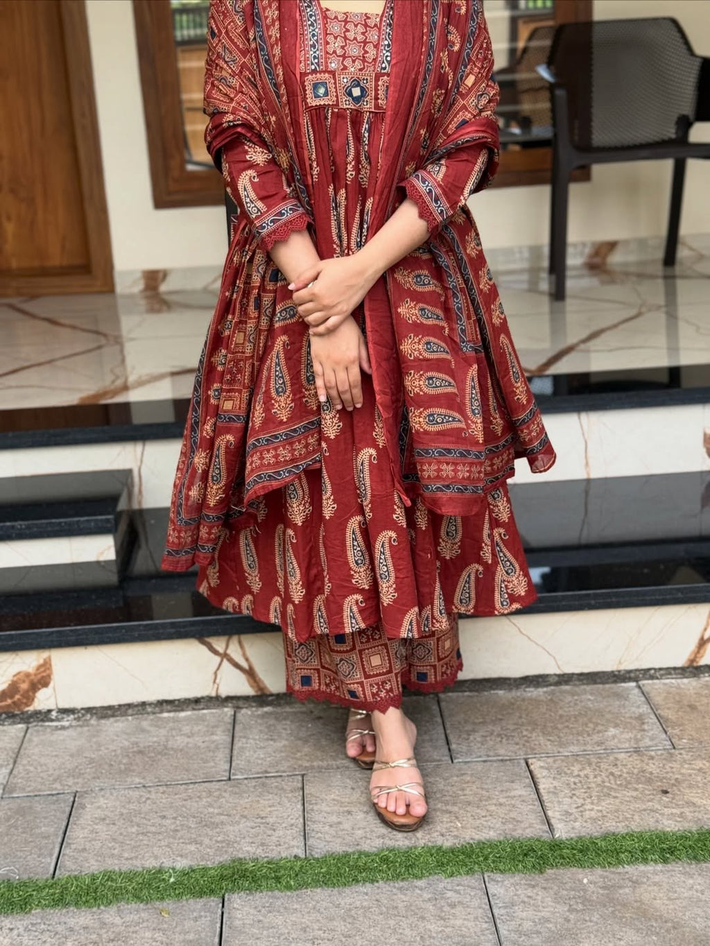 Jaipuri Cotton A-Line Kurti Set with Plazo & Dupatta | Bagru Print Mirror Work